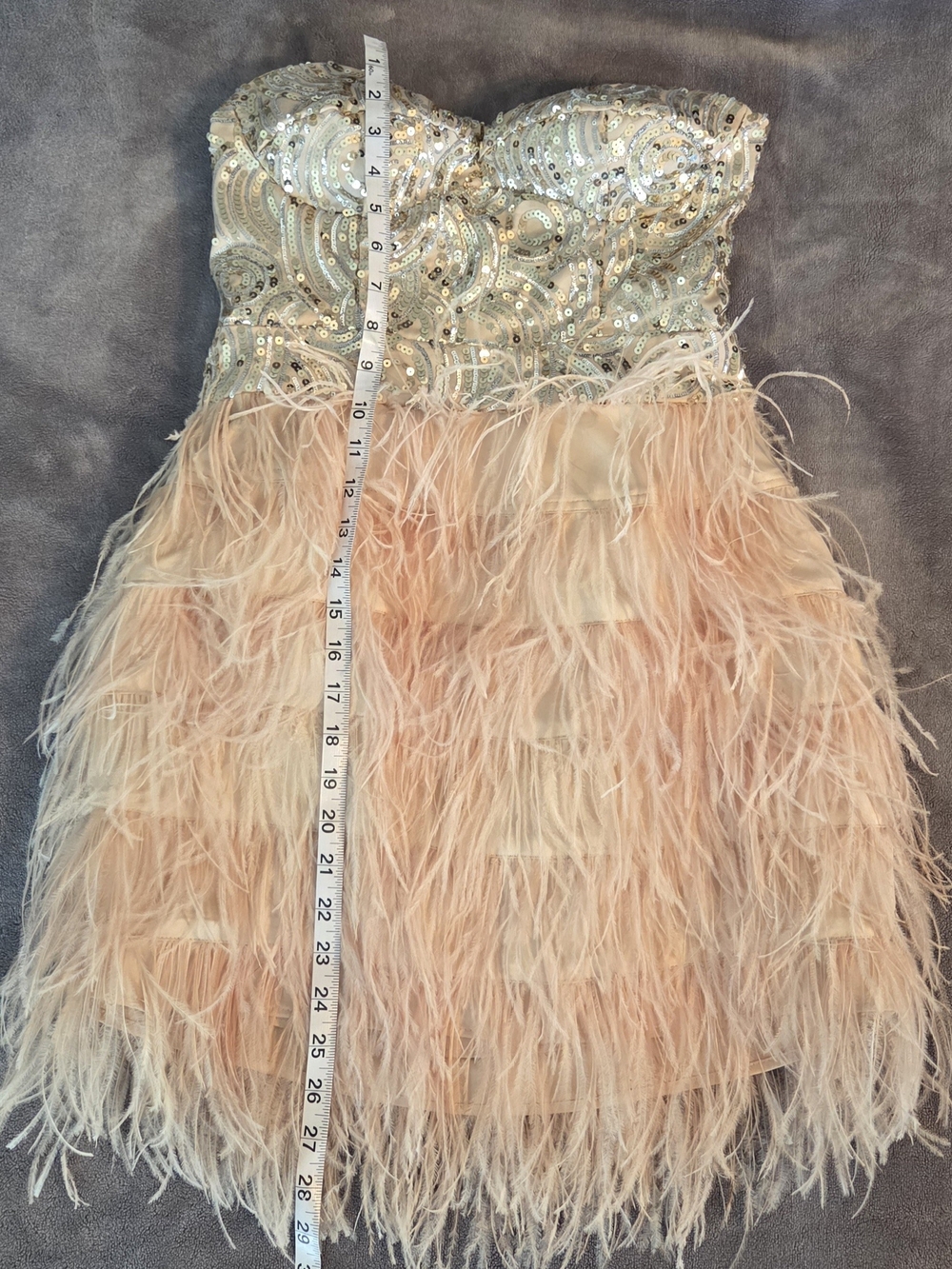 Vintage bebe Silver/Gold Sequin Bodice with Blush Feather Mini Dress. Medium - Picture 5 of 11
